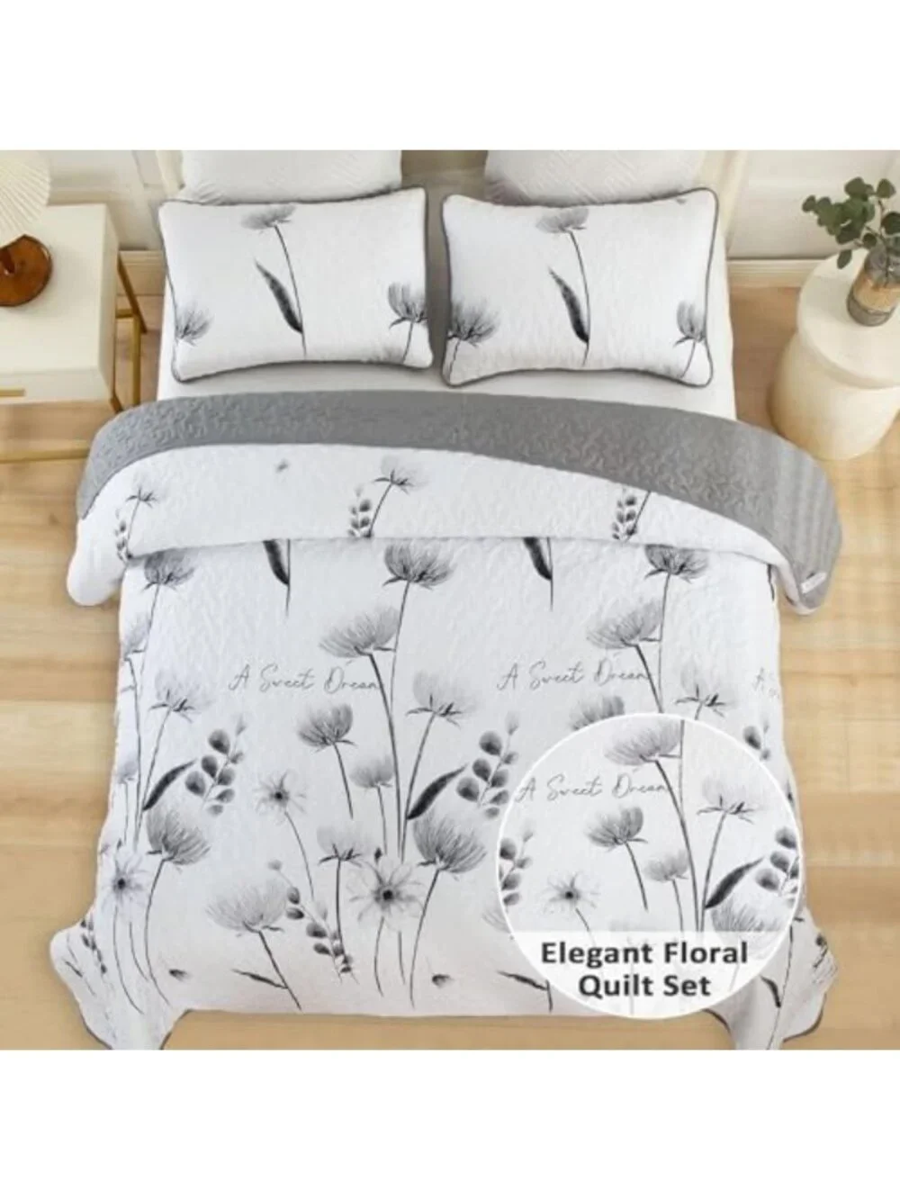 California King Floral Quilt Set - Cute Grey Flower Bedspread & Shams